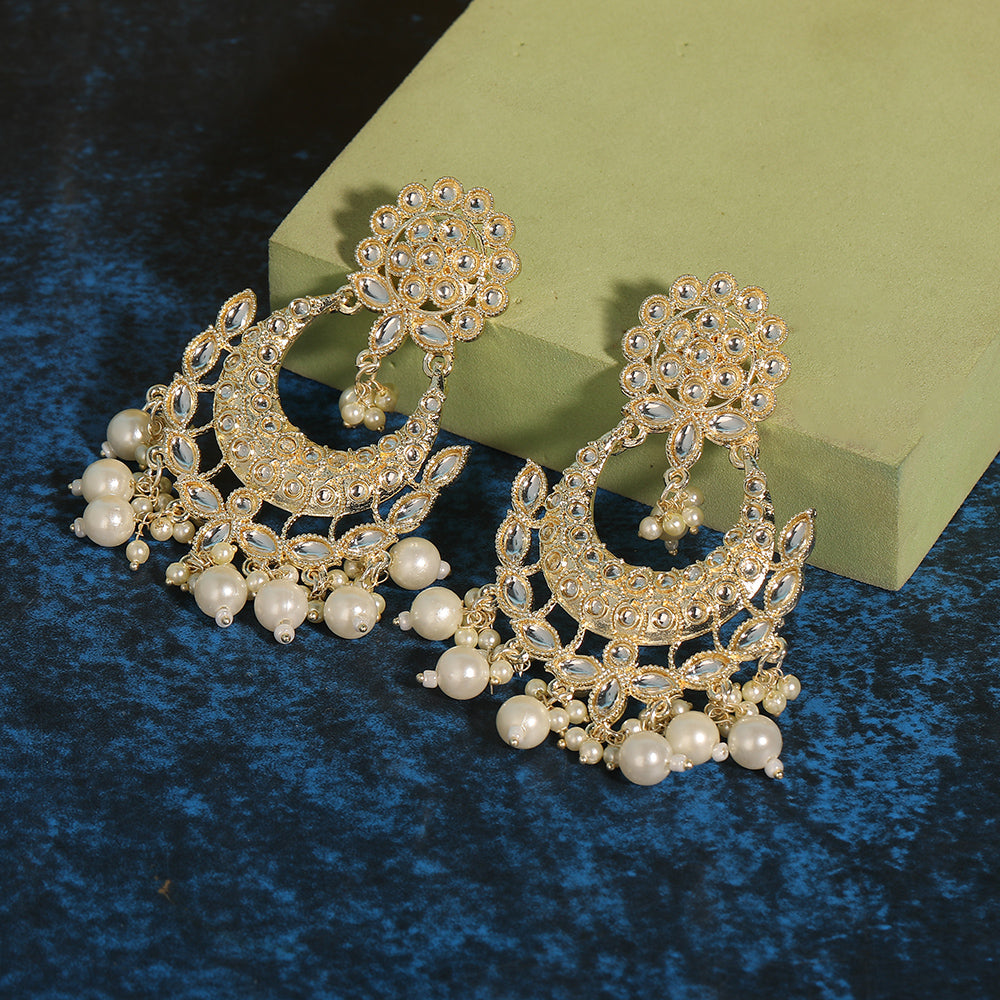 Exquisite Pearl & Kundan Chandbali Earrings – Gold-Plated
