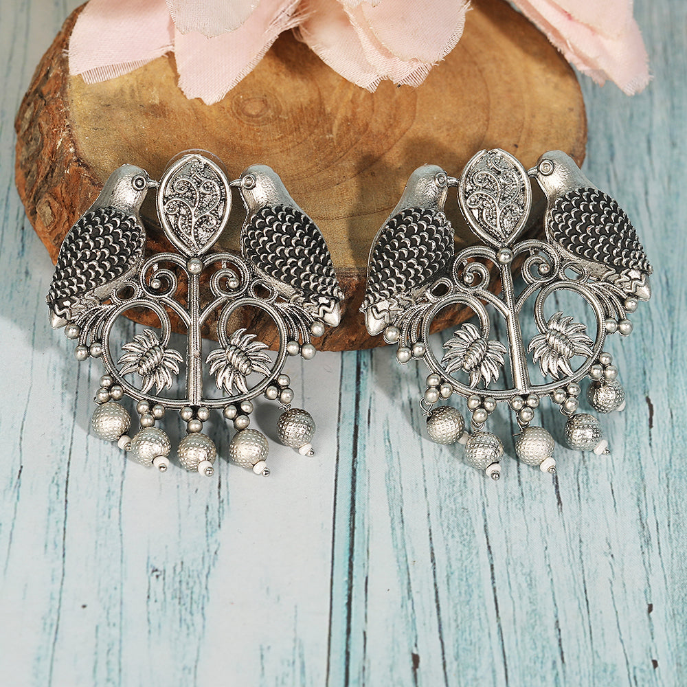 Oxidized Silver Twin Parrot Earrings