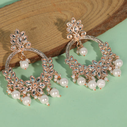 Rose Gold Kundan Chandbali Earrings with Pearl Drops