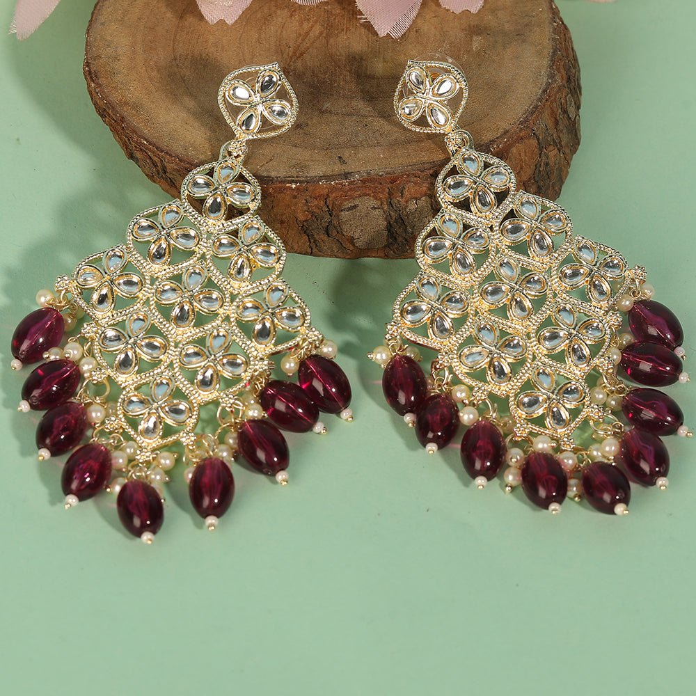 Gold-Plated Kundan Earrings with Ruby Beads & Pearls