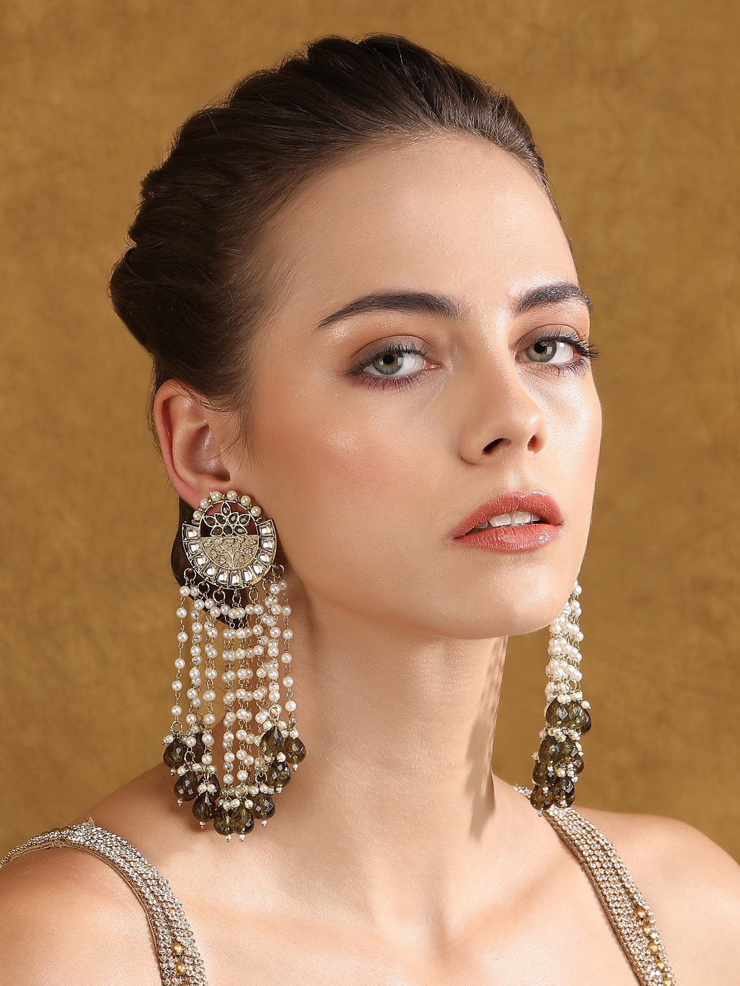 Gold & Pearl Chandelier Earrings with Green Stone Accents