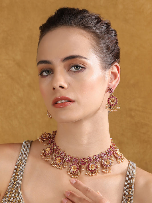 Traditional Gold-Plated Kundan Necklace Set with Pearl Drops