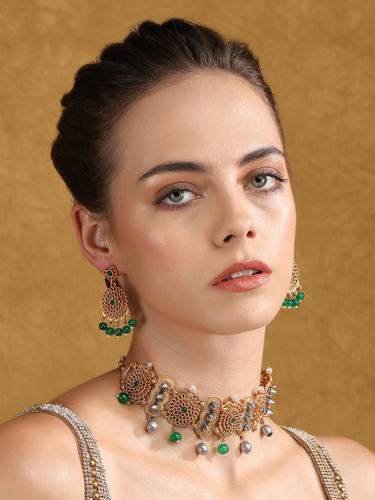 Antique Gold-Plated Choker Necklace Set with Green Beads