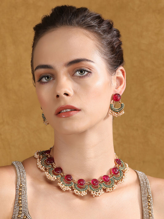 Antique Gold-Plated Carved Ruby & Green Enamel Necklace Set with Pearl Drops