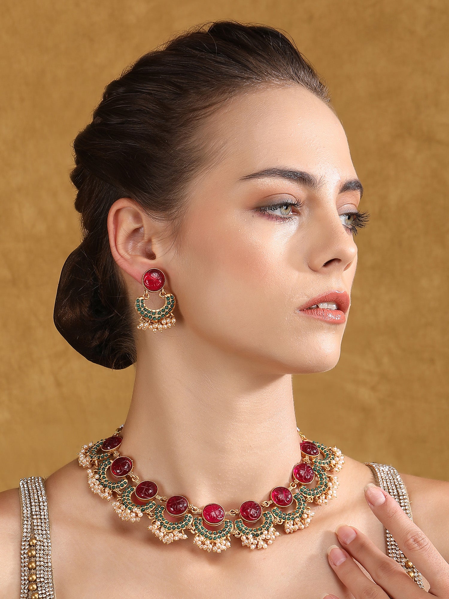 Antique Gold-Plated Carved Ruby & Green Enamel Necklace Set with Pearl Drops