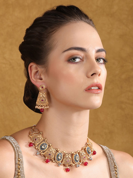 Antique Gold-Plated Temple Necklace Set with Kundan and Pearl Beads