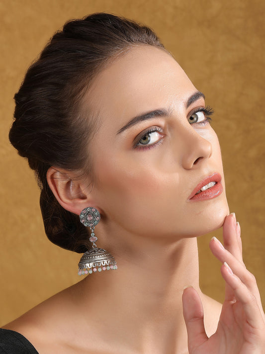 Antique Silver-Plated Jhumka Earrings with Pastel Beads