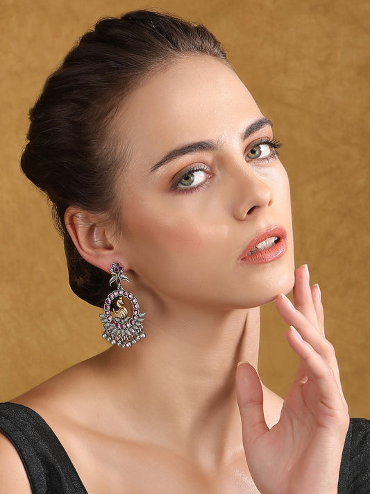 Antique Silver-Plated Swan Motif Earrings with Pink Stones
