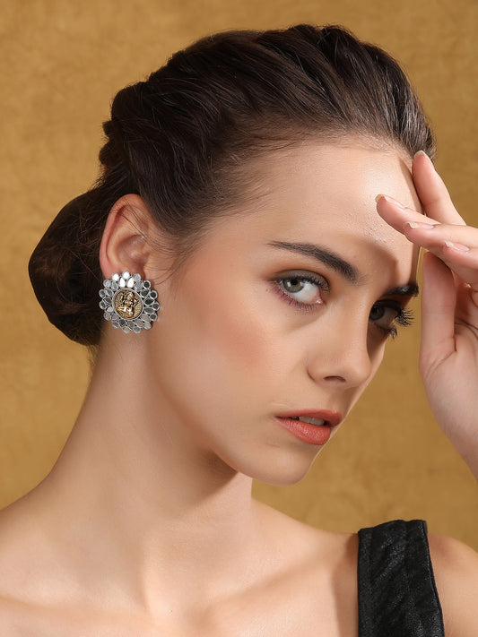 Antique Lakshmi Motif Stud Earrings with Mirror Work