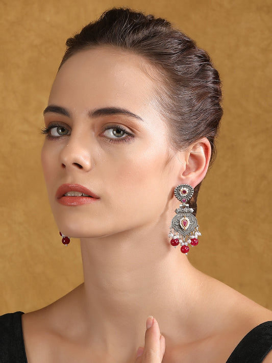 Antique Silver-Plated Earrings with Ruby & Pearl Drops