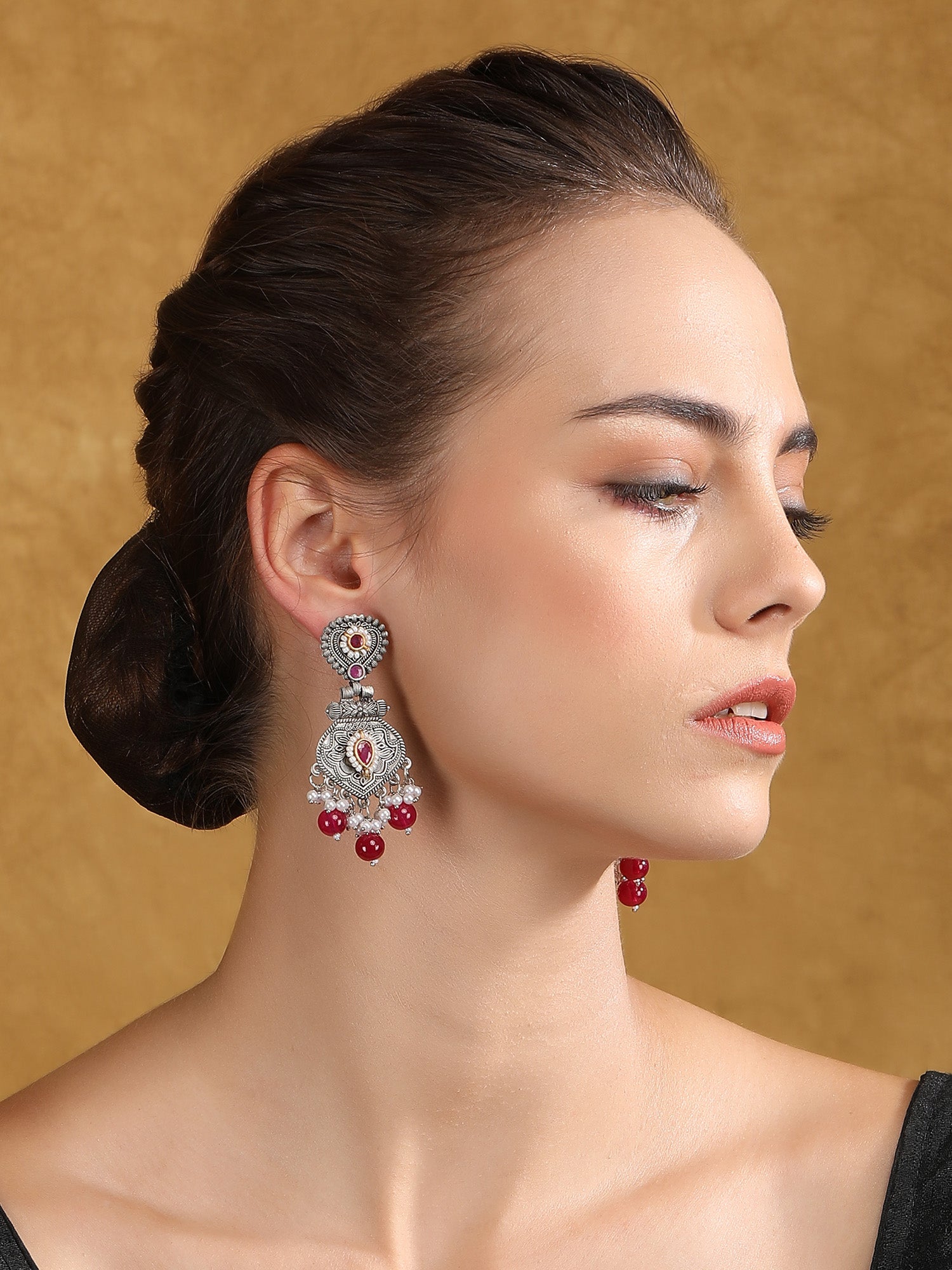 Antique Silver-Plated Earrings with Ruby & Pearl Drops