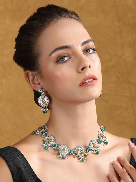 Dual-Tone Bird Motif Necklace Set with Green Enamel & Pearl Drops