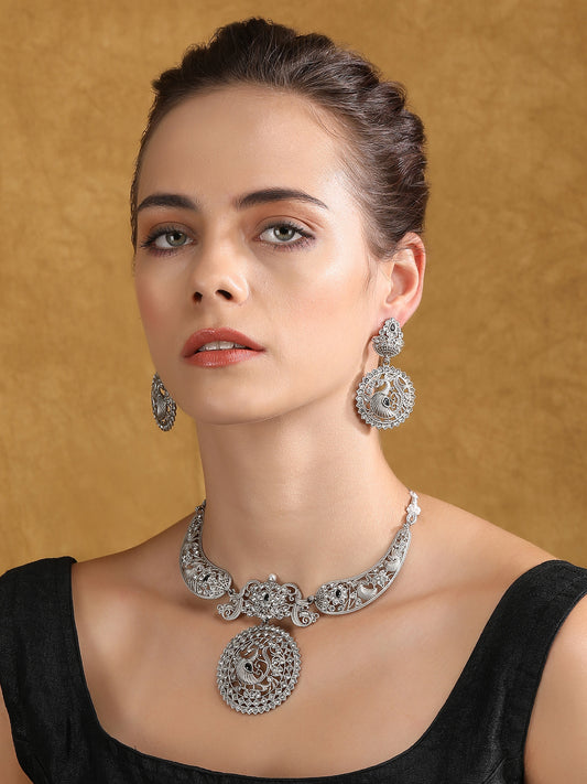 Antique Silver Peacock Necklace Set with Intricate Filigree Work
