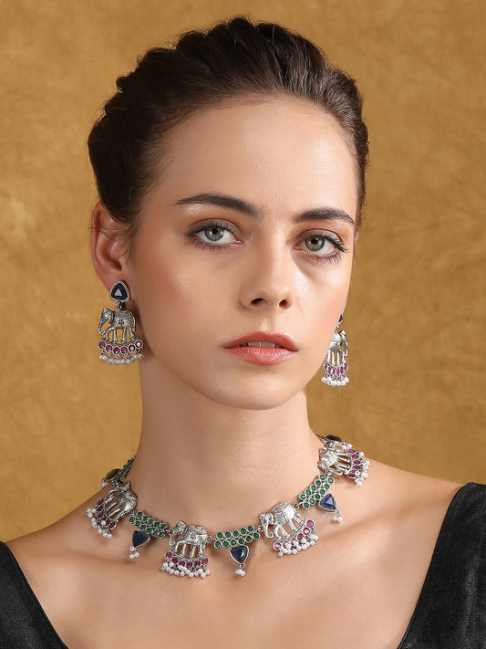Silver-Plated Elephant Motif Necklace Set with Earrings