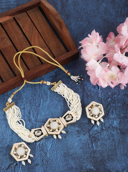 Gold-Plated Kundan Choker Necklace Set with White Pearls