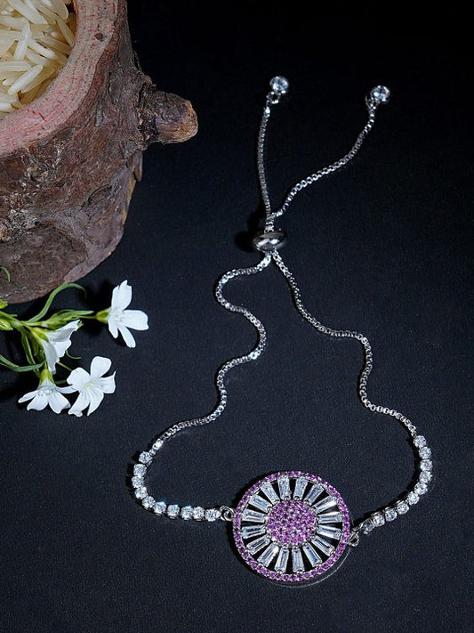 Rhodium-Plated American Diamond Zircon Purple Rakhi Bracelet