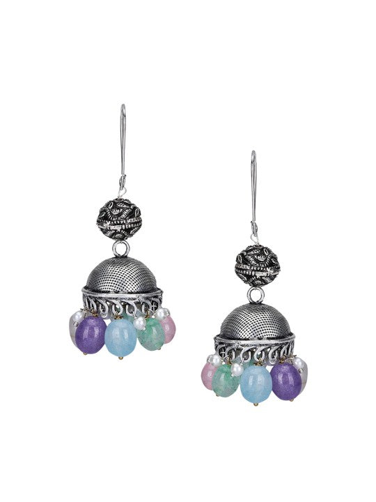 Oxidised Silver Choker Necklace Set with Multi Color Beads and Jhumka Earrings