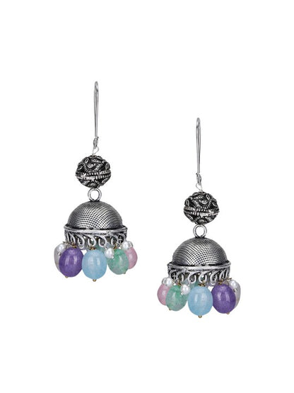 Oxidised Silver Choker Necklace Set with Multi Color Beads and Jhumka Earrings