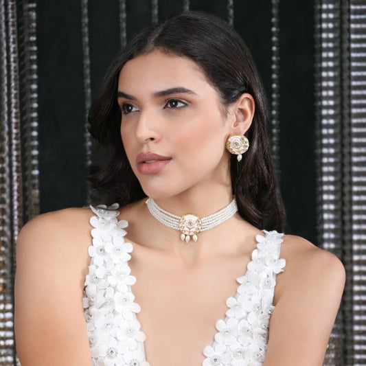 Pearl Beaded Choker Necklace Set with Hexagonal Motif & Mirror Accents