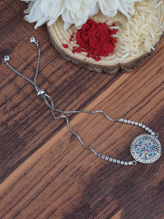 Rhodium-Plated American Diamond Zircon Red and Blue Rakhi Bracelet