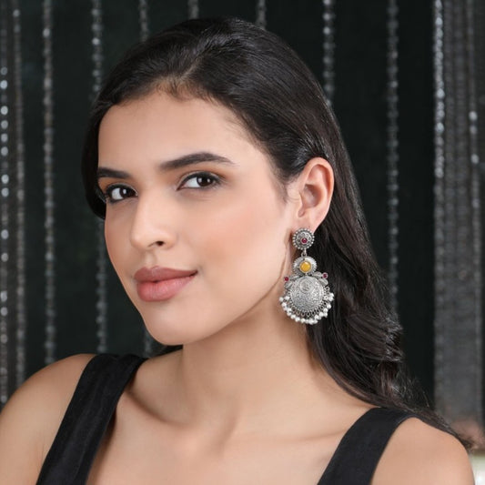 Oxidized Silver Statement Chandbali Earrings with Colored Stone Accents