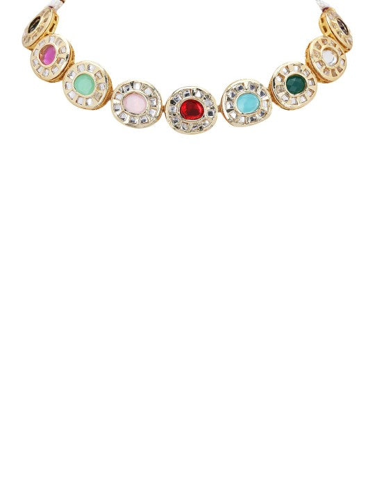 Gold Plated Kundan Multi-Color Stone Necklace Set