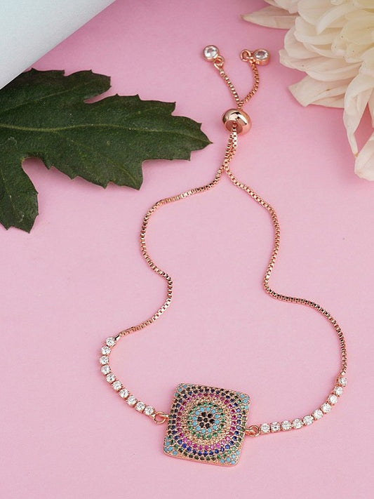 Rose Gold-Plated Multicolor Zircon Square Rakhi Bracelet