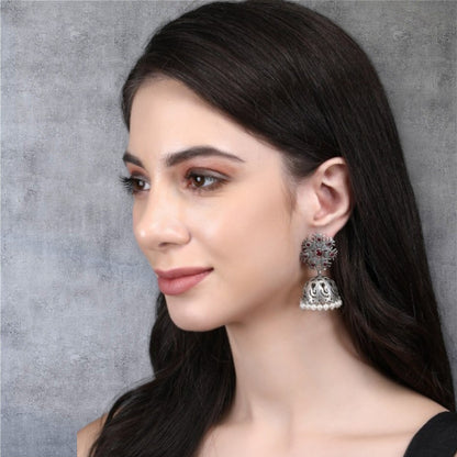 Silver-Toned & Red Silver-Plated Stones Studded Dome Shaped Oxidised Jhumkas