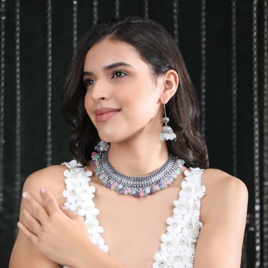 Oxidised Silver Choker Necklace Set with Multi Color Beads and Jhumka Earrings