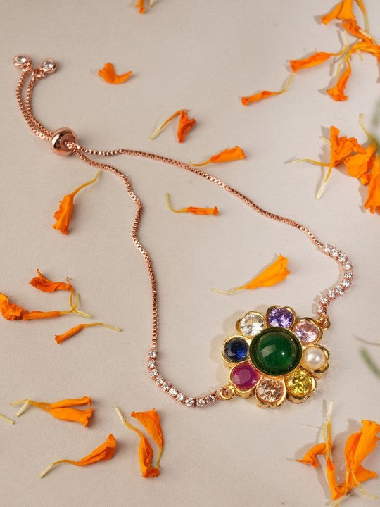 Gold-Plated Kundan Traditional Navratna Rakhi Bracelet