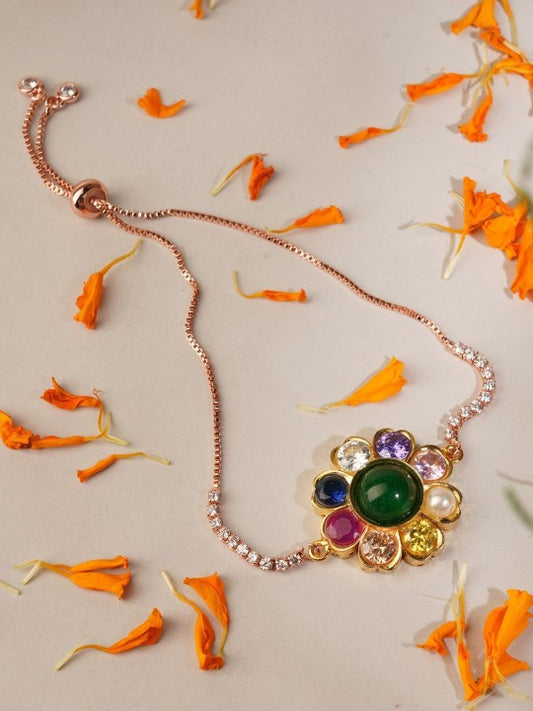 Gold-Plated Kundan Traditional Navratna Rakhi Bracelet