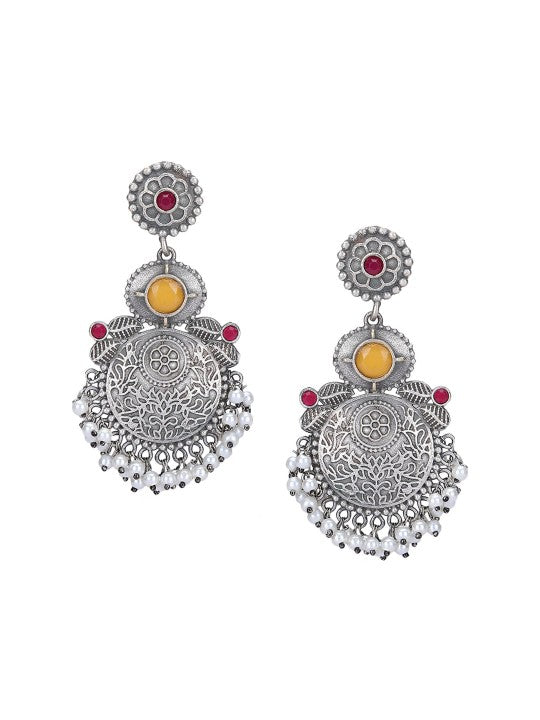 Oxidized Silver Statement Chandbali Earrings with Colored Stone Accents