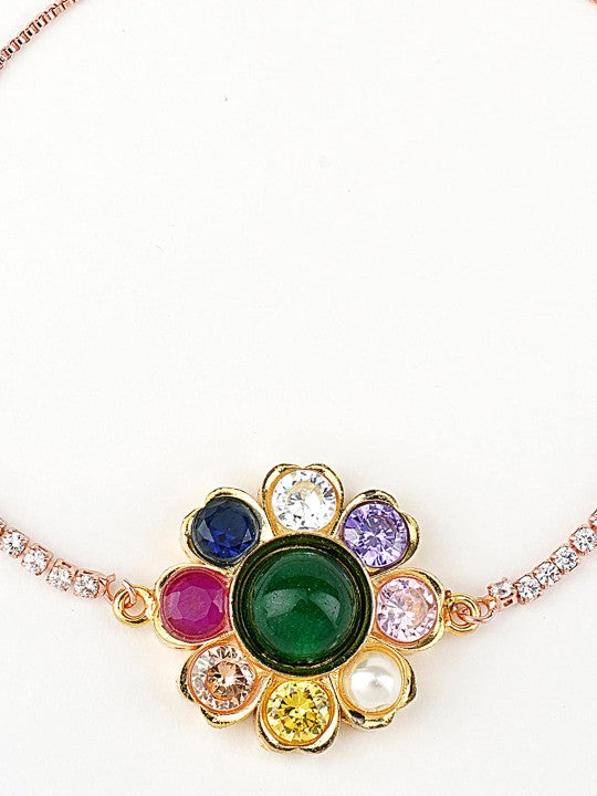 Gold-Plated Kundan Traditional Navratna Rakhi Bracelet