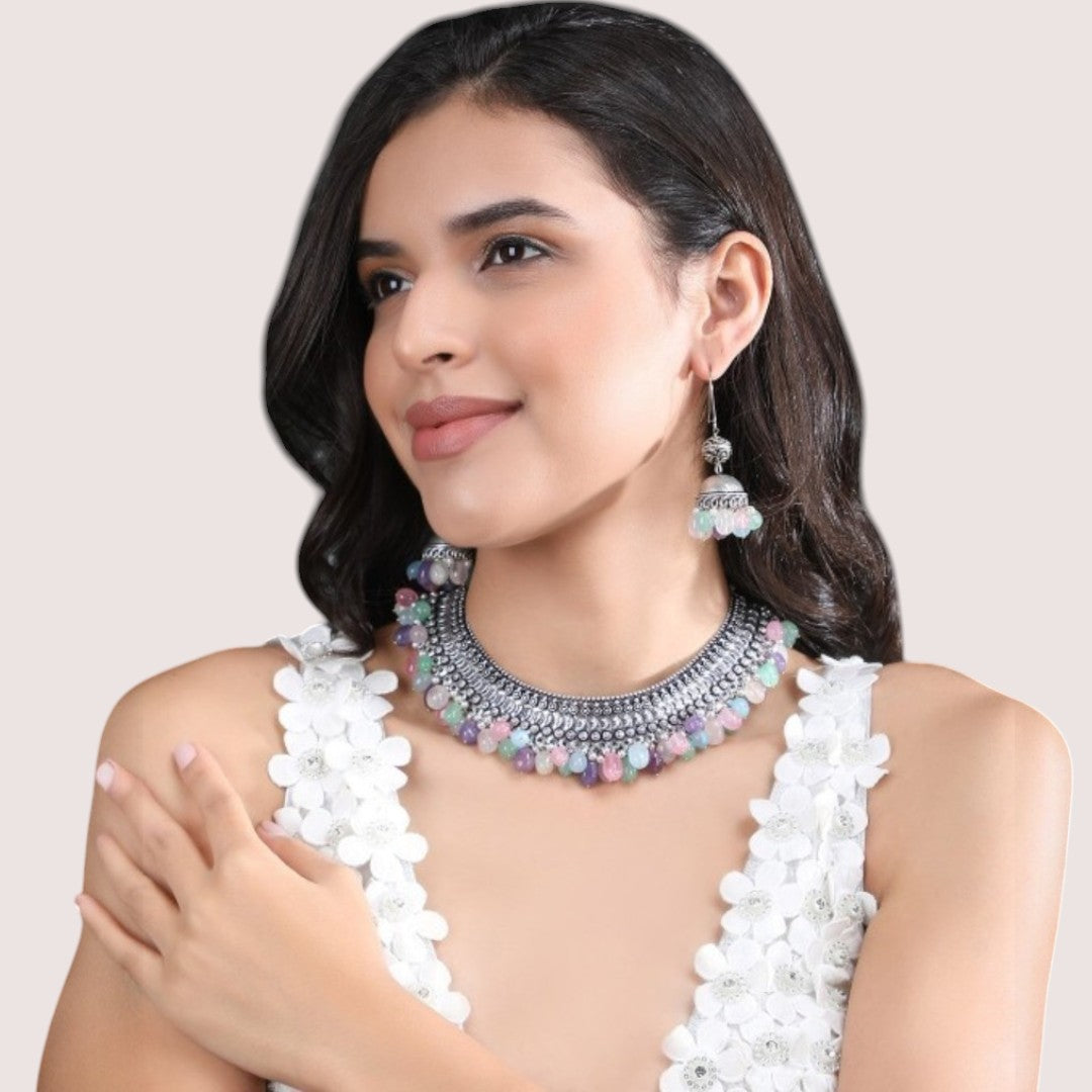 Oxidised Silver Choker Necklace Set with Multi Color Beads and Jhumka Earrings