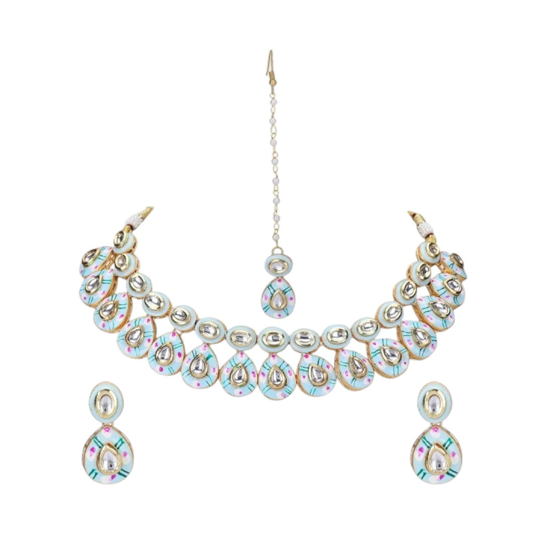 Gold Plated Kundan Wedding Necklace Set, Earrings & Maang Tikka
