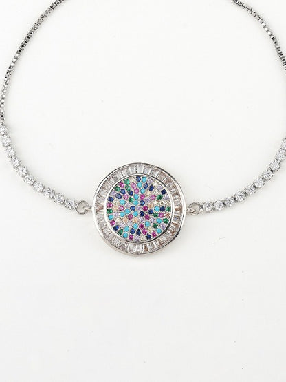 Rhodium-Plated American Diamond Zircon Red and Blue Rakhi Bracelet