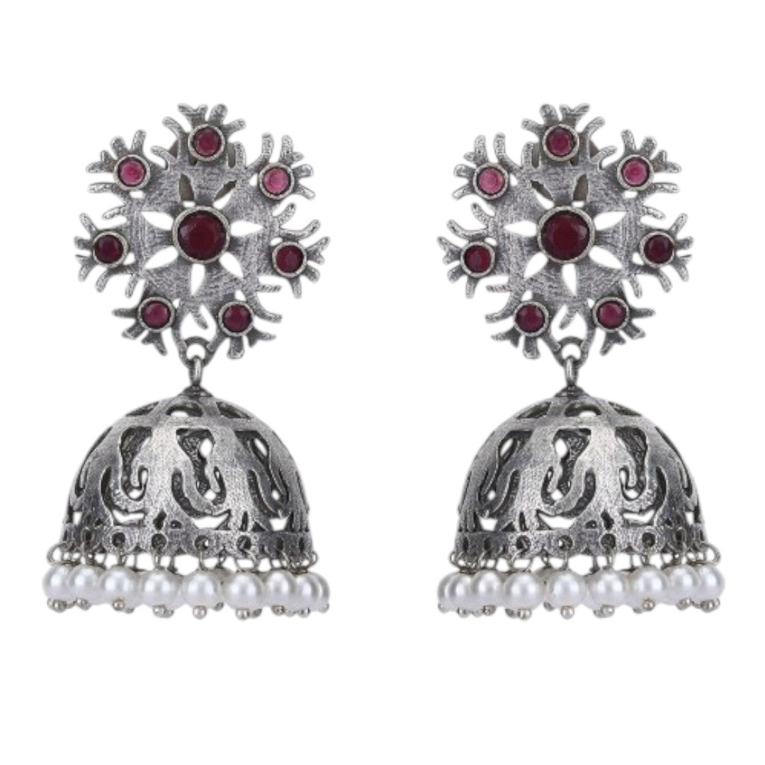 Silver-Toned & Red Silver-Plated Stones Studded Dome Shaped Oxidised Jhumkas
