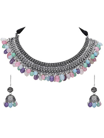 Oxidised Silver Choker Necklace Set with Multi Color Beads and Jhumka Earrings