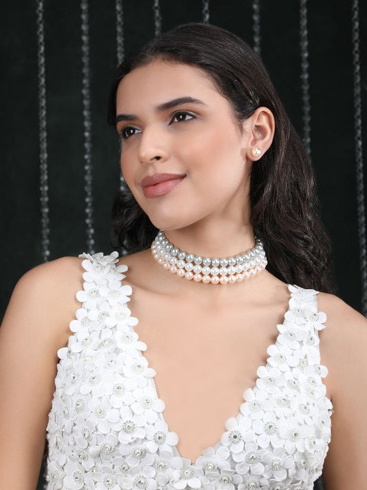 Elegant Gold-Plated Pearl Layered Necklace & Studs Set