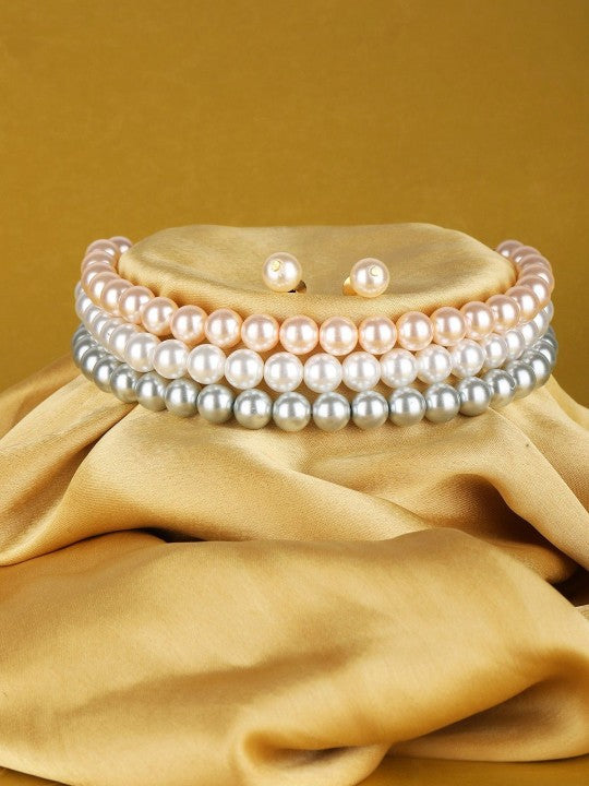 Elegant Gold-Plated Pearl Layered Necklace & Studs Set