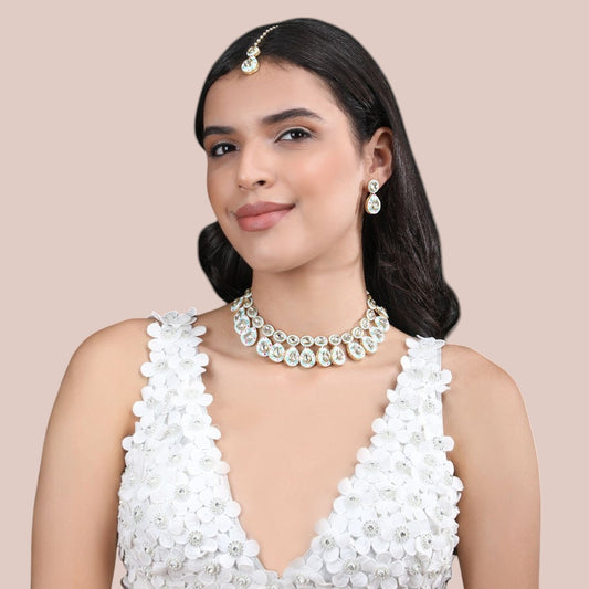 Gold Plated Kundan Wedding Necklace Set, Earrings & Maang Tikka