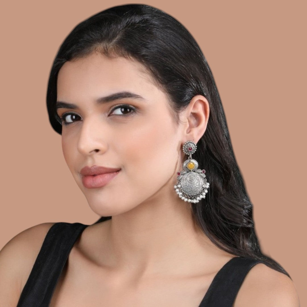 Oxidized Silver Statement Chandbali Earrings with Colored Stone Accents