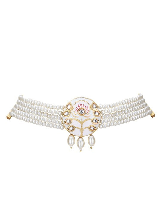 Gold-Plated White Kundan & Pearl Choker Necklace Set