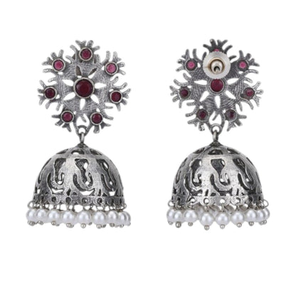 Silver-Toned & Red Silver-Plated Stones Studded Dome Shaped Oxidised Jhumkas