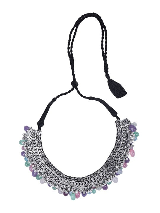 Oxidised Silver Choker Necklace Set with Multi Color Beads and Jhumka Earrings