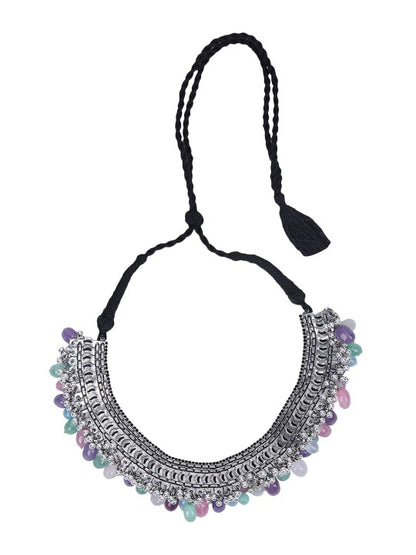 Oxidised Silver Choker Necklace Set with Multi Color Beads and Jhumka Earrings