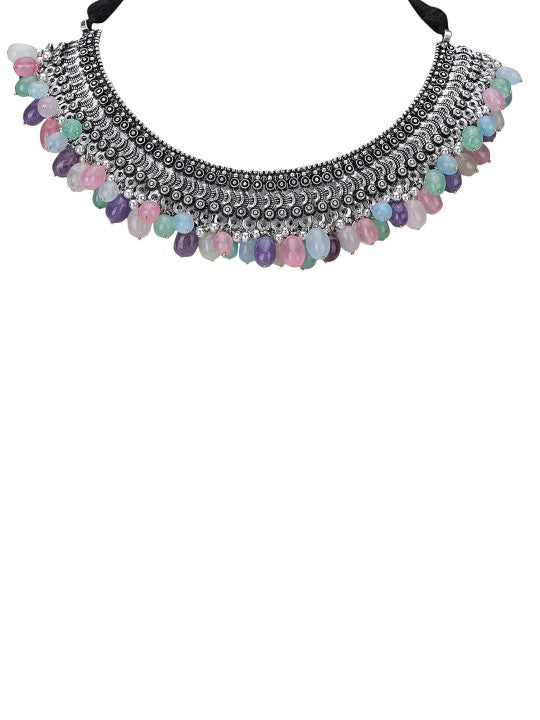 Oxidised Silver Choker Necklace Set with Multi Color Beads and Jhumka Earrings