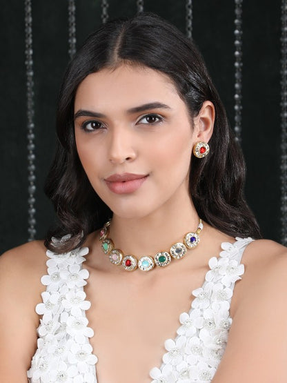 Gold Plated Kundan Multi-Color Stone Necklace Set