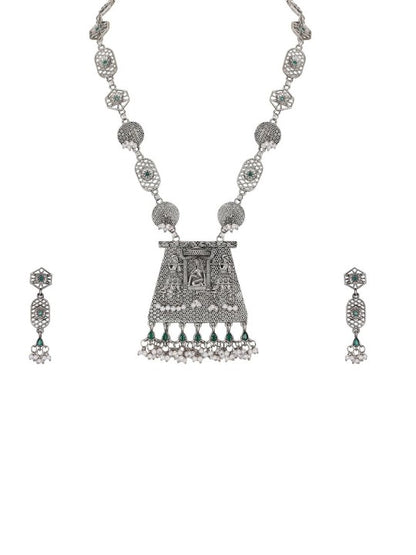Oxidised Silver Necklace Set with Green Accents & Dangle Earrings