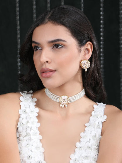 Gold-Plated Kundan Choker Necklace Set with White Pearls